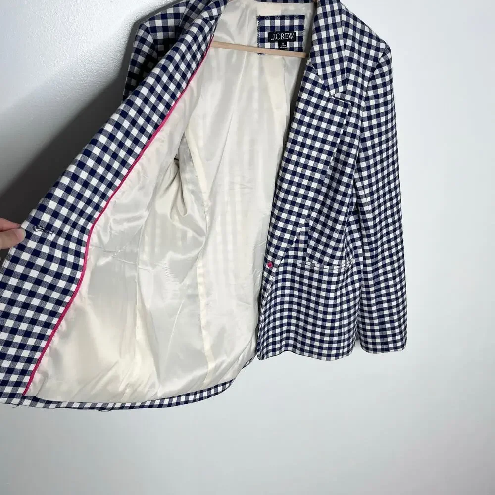 J.Crew Parke Blazer Gingham Bi-Stretch Cotton Navy White Check Size 12